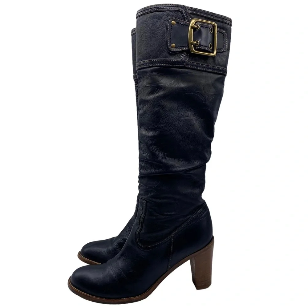 Coach Boots Meredith Heeled Tall Black Leather Logo Buckle Designer Size 8.5